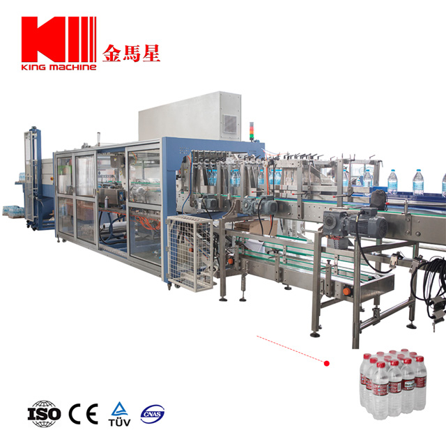 Shrink wrapping machine for plastic bottles / packaging machine with a tray